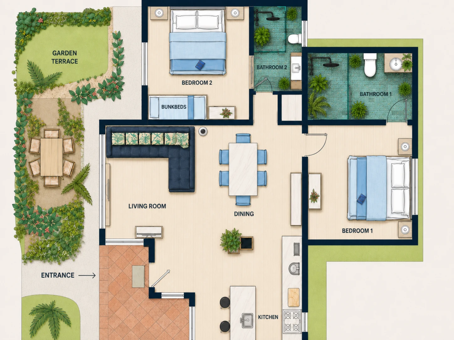 Floor plan of the two-bedroom apartment and garden terrace