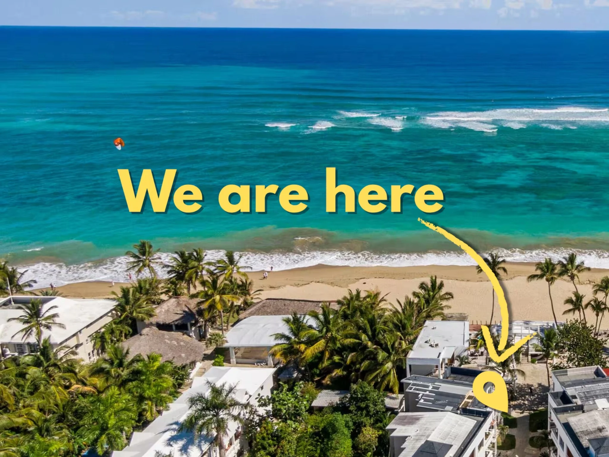 Annotated aerial view showing Condo Cabrinha directly on Kite Beach