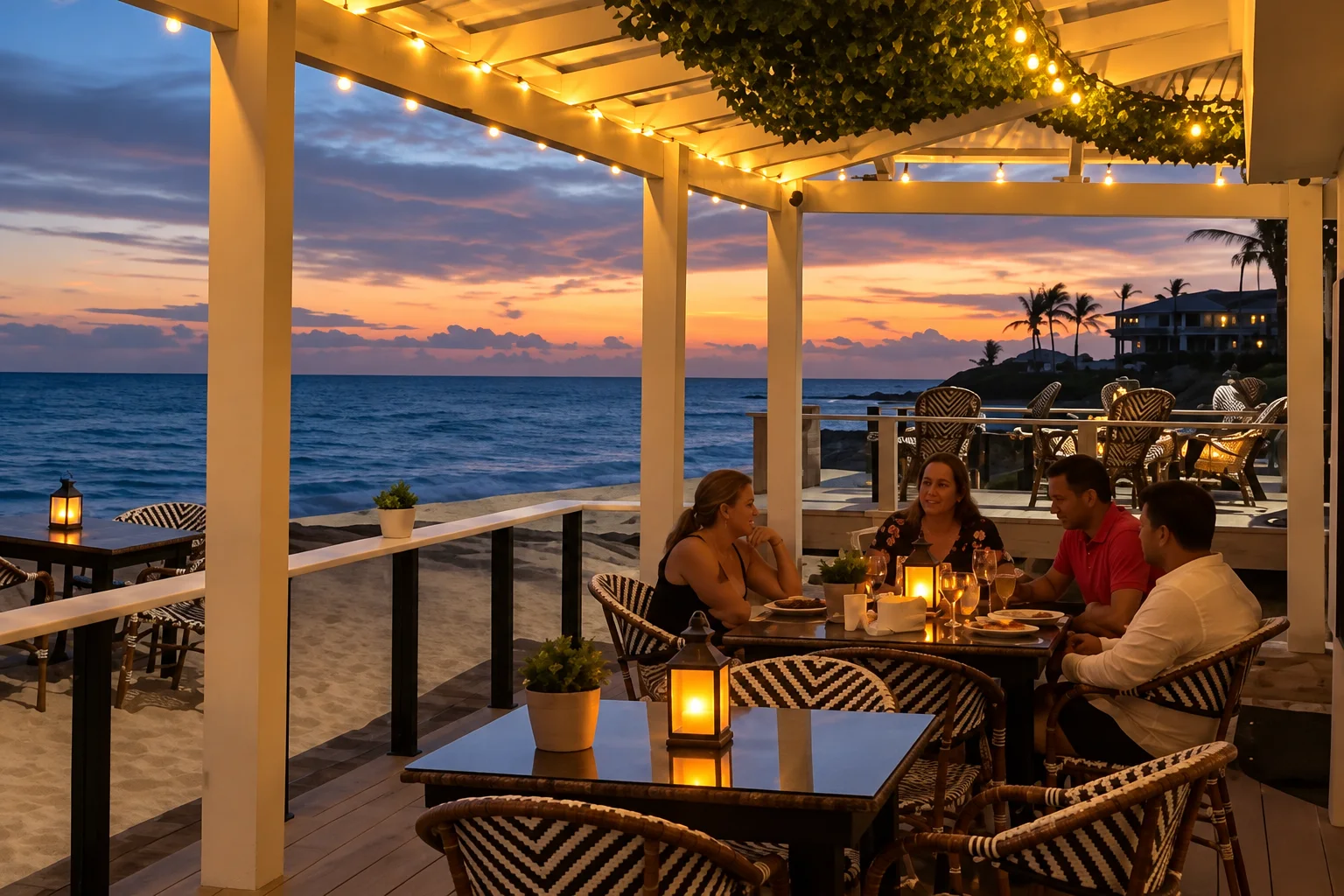 Diners on the beachfront terrace at La Mesa Taína at sunset, lit by string lights
